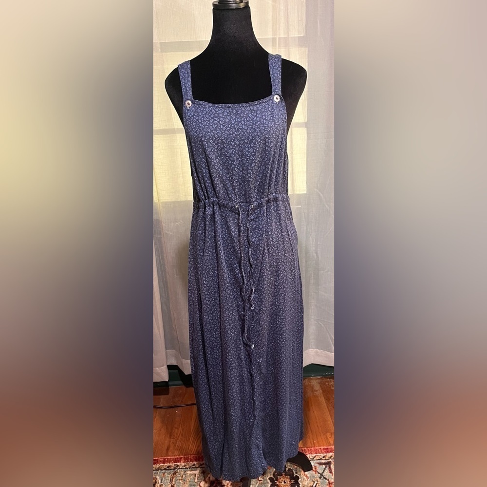 VINTAGE WOMENS PELLINI JUMPER DRESS BIB TOP DRAW STRING LONG BLUE FLORAL